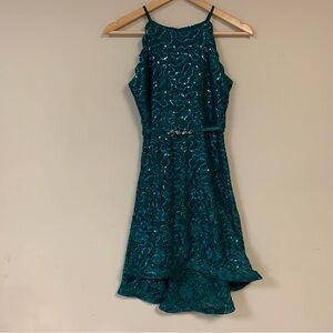 🆕 Green Sequin Party Dress Girl’s 14 Fit & Flare Hi-Lo HoCo Prom Formal Wedding
